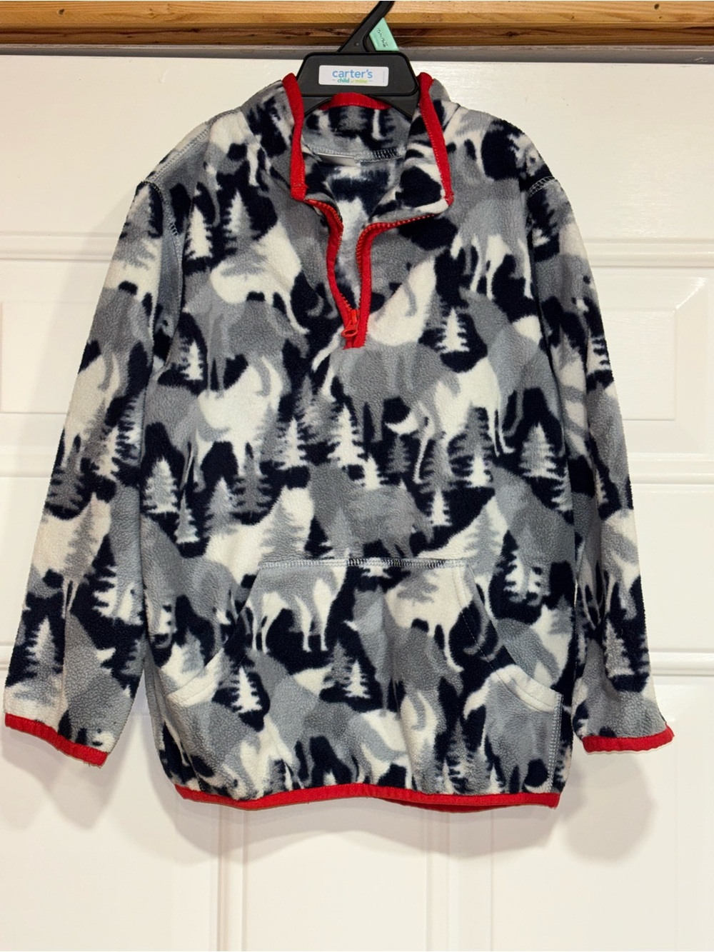 Gymboree Boys Gray, Black & White Moose Print Fleece Zip Pullover with Red Trim